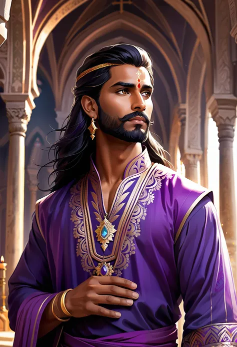 modelshoot style digital illustration medium shot of a indian male aasimar sorcerer wearing purple kurta, art by tony sart and rossdraws and Magali Villeneuve, sharp focus, intricate background of a church on a tropical island, trending on artstation, trending on cgsociety, rustic, fine art, photorealistic, dark magic, black smoke, old man, high quality, embedding:HandDetail