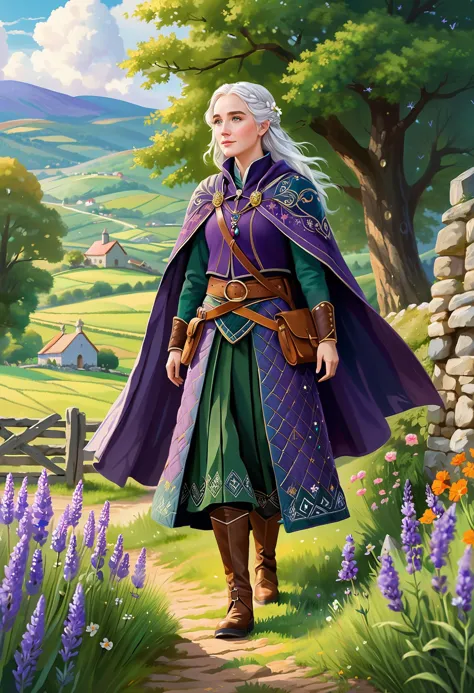 a painting of a woman in a purple cape and green dress walking down a path