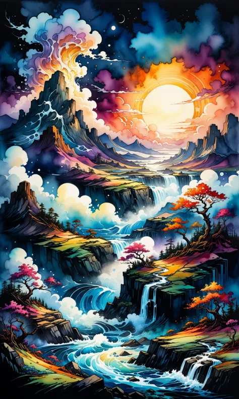 landscape like the wind, ink style, watercolor style, centered, painted, intricate, volumetric lighting, rich deep colors master...