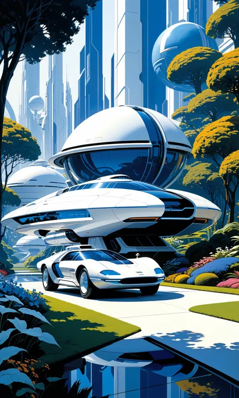 a painting of a futuristic city with a futuristic car and a futuristic spaceship