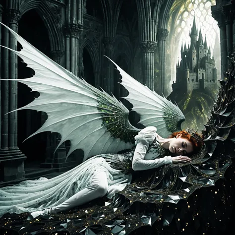 side view, Scottish, water theme, black-toned Naive photo of a heavenly mature goth clothed winged sleeping earth elemental crawling in a dark pristine castle, intricate white and chartreuse and copper fractal, magical, diseased, billowing bright glitter, very detailed, , <lora:SDXL_White_Sa_May:0.75> lw06b-4000