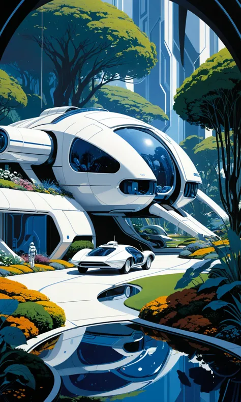 a picture of a futuristic city with a futuristic car and a futuristic house