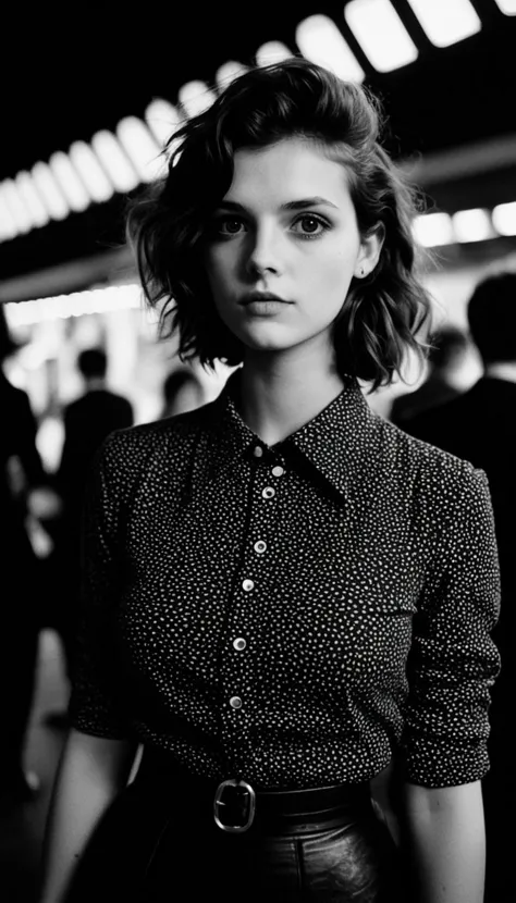 a woman in a black and white photo standing in a crowd