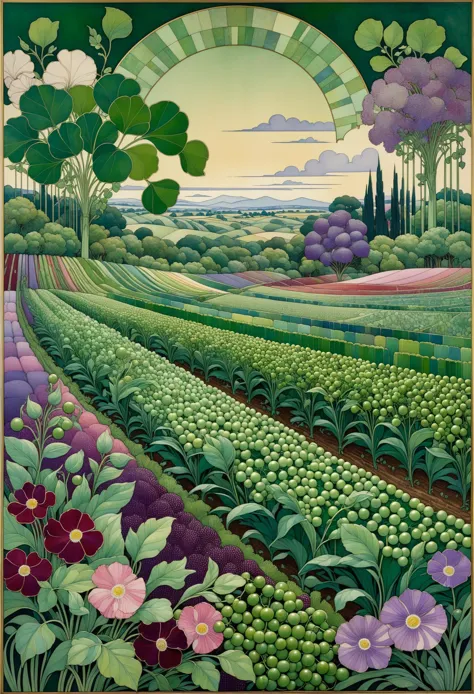 masterpiece, art deco, pea field by george barbier, sam gilliam, david mack, bradley walker tomlin, insanely detailed, intricate...