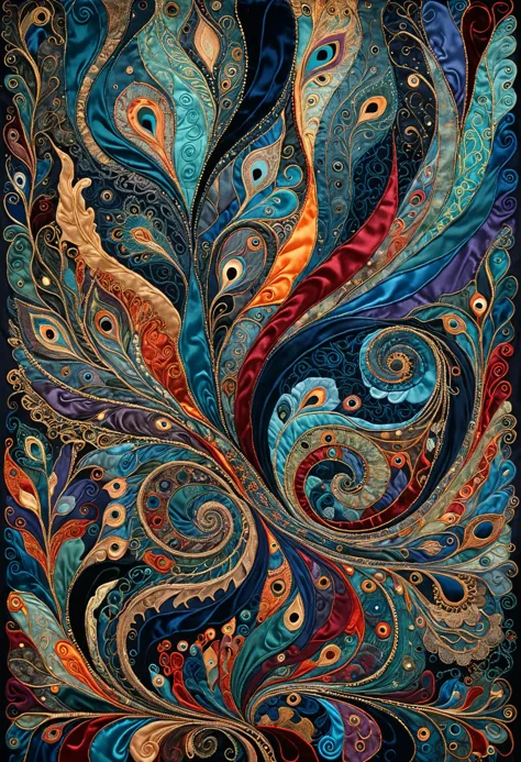 Surrealism, In art technique Frottage, an intricate abstract pattern created from small pieces of various fabrics such as silk, velvet, lace, brocade, , Calm dark harmonious hues, fine texture, perfect composition, insanely detailed, best quality,  <lora:Wildcard-Detail_Enhancer:1>