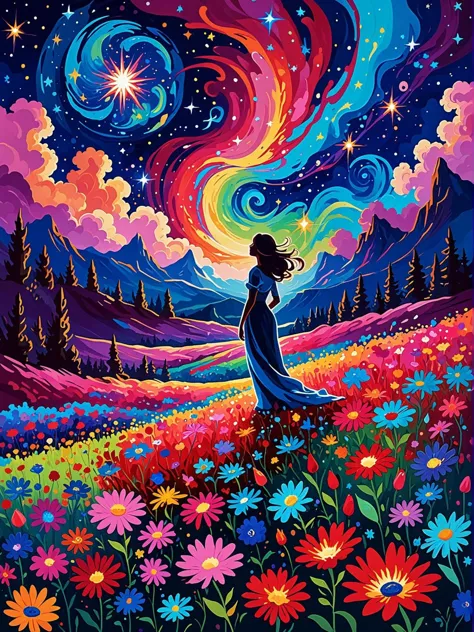 fauvist style the image showcases a breathtaking cosmic scene set against a backdrop of a starry night sky. vibrant, swirling nebulae in hues of pink, blue, and green dominate the upper portion of the image, creating a mesmerizing dance of colors against the dark expanse of space. below, a vast field of vibrant flowers stretches out, with each petal glowing with a luminescent quality. the flowers come in a myriad of colors, from deep reds to radiant blues. in the foreground, a lone silhouette of a person stands, gazing up at the celestial wonders, adding a sense of scale and wonder to the scene. the entire composition evokes feelings of awe, mystery, and the vastness of the universe. . wild colors, bold strokes, non naturalistic color, <lora:sdxl_lightning_8step_lora.safetensors:0.7>