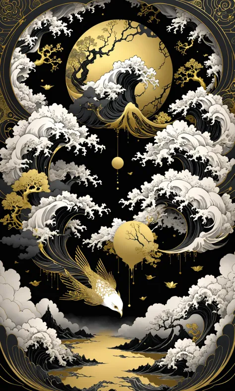 Dark clouds, black and white, self-reflection, integrity, the dark river, soaring, By Hokusai and James Gurney + Black paper with Intricate and vibrant Gold line work:: Tarot Card:: Mandelbulb fractal + Full of Golden layers + Trending on Artstation + Incredible Black and Gold Gothic Illustration + Exquisite detail<lora:Art-full_v1:0.5>