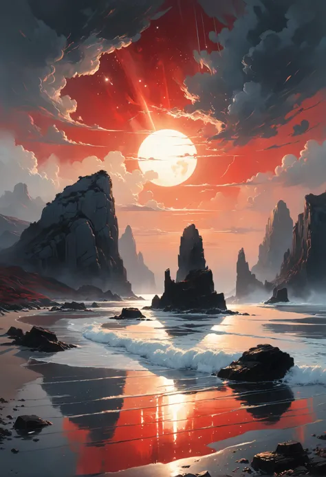 A highly detailed and hyper-realistic image by Alena Aenami, Archibald Thorburn, and Daniele Afferni, depicting a celestial coastal scene. The coast features smooth, reflective waters and unusual rock formations in the style of monochromatic silhouette reflection, with a limited dark palette of gray, white, and black, accented by bright glimmers of gold and red. Atmospheric haze and highly dramatic cinematic lighting create a serene yet otherworldly atmosphere. Motion blur and film grain add a professional touch, while the composition captures the finest details, achieving the ultimate detail level. This masterpiece is of the best quality. <lora:Wildcard-Detail_Enhancer:1>