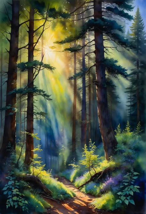 dark mysterious forest, perfect watercolor illustration, alcohol ink, crossed colors, highly detailed, dappled light, crepuscula...