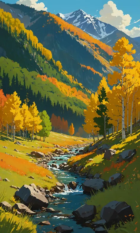 Bittersweet, meadow, Bright Aspen trees in fall,  mountainside, stream, acrylic painting, trending on pixiv fanbox, palette knife and brush strokes, style of Makoto Shinkai,  Jamie Wyeth, James Gilleard, Edward Hopper, Greg Rutkowski, Studio Ghibli, Genshin impact