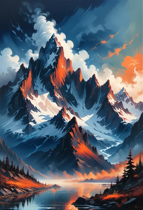 A highly detailed and hyper-realistic image by Alena Aenami, Archibald Thorburn, and Daniele Afferni, depicting a breathtaking otherworldly mountain range with mystery colors. The scene features towering peaks in the style of monochromatic silhouette reflection, with a limited dark palette including deep indigo, burnt orange, and muted olive green. Atmospheric haze and highly dramatic cinematic lighting enhance the mystical atmosphere. The image includes motion blur and film grain for a professional touch, with excellent composition and the finest details. Every element is maximized to the ultimate detail level, creating a masterpiece of the best quality. <lora:Wildcard-Detail_Enhancer:1>