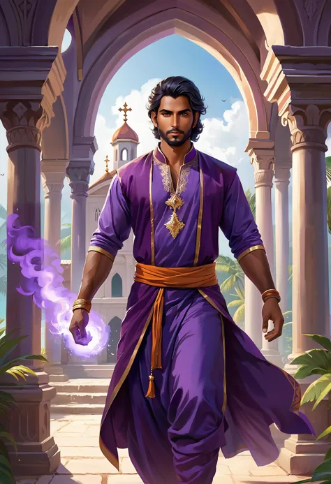 modelshoot style digital illustration medium shot of a indian male aasimar sorcerer wearing purple kurta, art by tony sart and rossdraws and Magali Villeneuve, sharp focus, intricate background of a church on a tropical island, trending on artstation, trending on cgsociety, rustic, fine art, photorealistic, dark magic, black smoke, old man, high quality, embedding:HandDetail