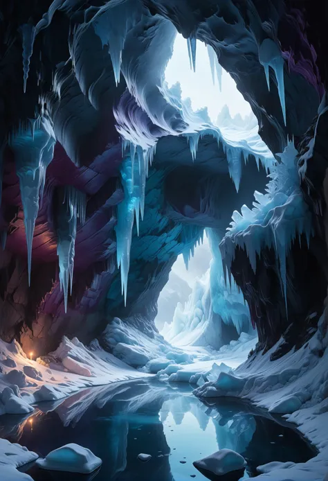 A highly detailed and hyper-realistic image by Alena Aenami, Archibald Thorburn, and Daniele Afferni, showing an enigmatic ice cavern with mystery colors. The cavern is filled with intricate ice formations and reflective surfaces in the style of monochromatic silhouette reflection, using a limited dark palette with shades of gray, white, and black, accented by bright flashes of cold blue and plum. Atmospheric haze and highly dramatic cinematic lighting enhance the mysterious and enchanting ambiance. Motion blur and film grain contribute to the professional quality, with excellent composition and the finest details. The result is an ultimate detail level masterpiece of the highest quality. <lora:Wildcard-Detail_Enhancer:1>