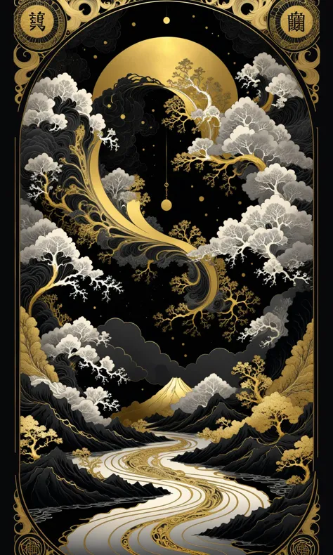 a black and gold painting of a river with a mountain in the background