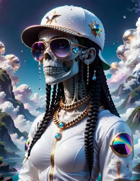 <lora:SkeletoNaut-000009:1>   <lora:Waterdrops_Style_SDXL:1> ais-waterdrops skeletonaut, bling bling, fitted cap, stunna shades, cuban links, ASTRAL CLOUDS, BOX BRAIDS,