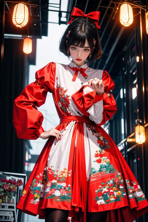 a woman in a red and white dress posing for a picture