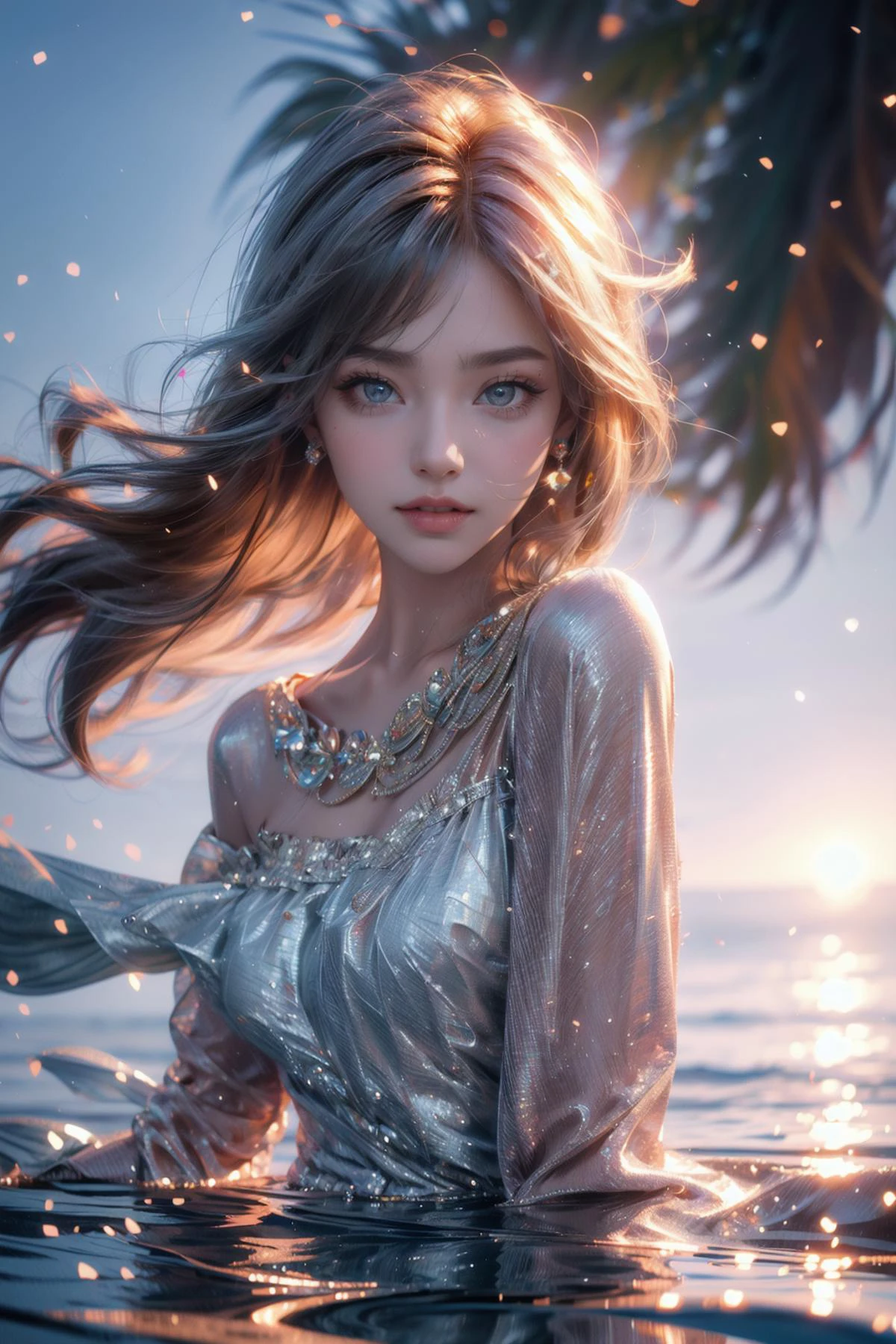 (masterpiece, best quality, highest quality, beautiful and aesthetic) ,(1 girl, smile, looking at viewer, metallic hair, breasts:1),(fabulous feminine makeup, blushed, long eyelashes, double eyelid), (portrait, focus face), (body in water:1.2, sea), (white dress, thin dress, shoulder-baring, deep cleavage), (light on face, beautiful light, sun light, sunset:1.2, sparkling water surface, backlit:1.2, dof:1),
