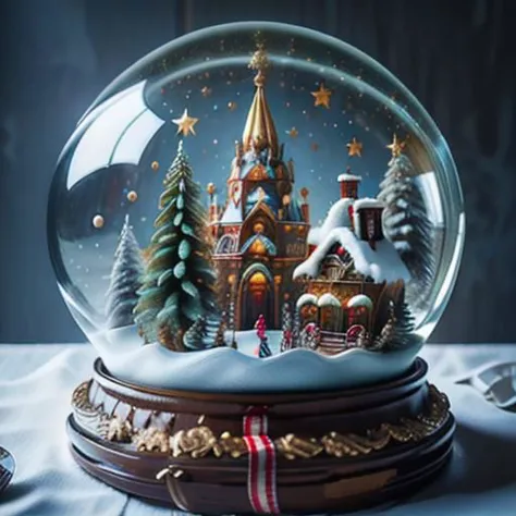 a snow globe with a church and trees inside of it