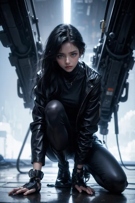 thriller theme,serious theme,real film photo,(Best Quality,Masterpiece),Super Detail,(High Detail skin),cinematic angle,depth of field,Ray Tracing,vfx,
1girl, solo,black hair,full body,Dark flying jacket,leather pants,(Long sleeved leather boots:1.3),dramatic lighting,(biomechanical),(oil stains:1.1),strong wind,
Complex emotions,looking_at_viewer,Tank tank top, blue sky and white clouds background, 
 <lora:add_detail:1>,