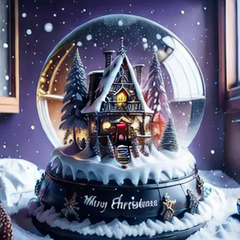 Best quality,masterpiece,ultra high res,<lora:shendan:0.7>,
no humans,snow,house,christmas,snowing,christmas tree,window,chimney,tree,english text,merry christmas,building,purple background,