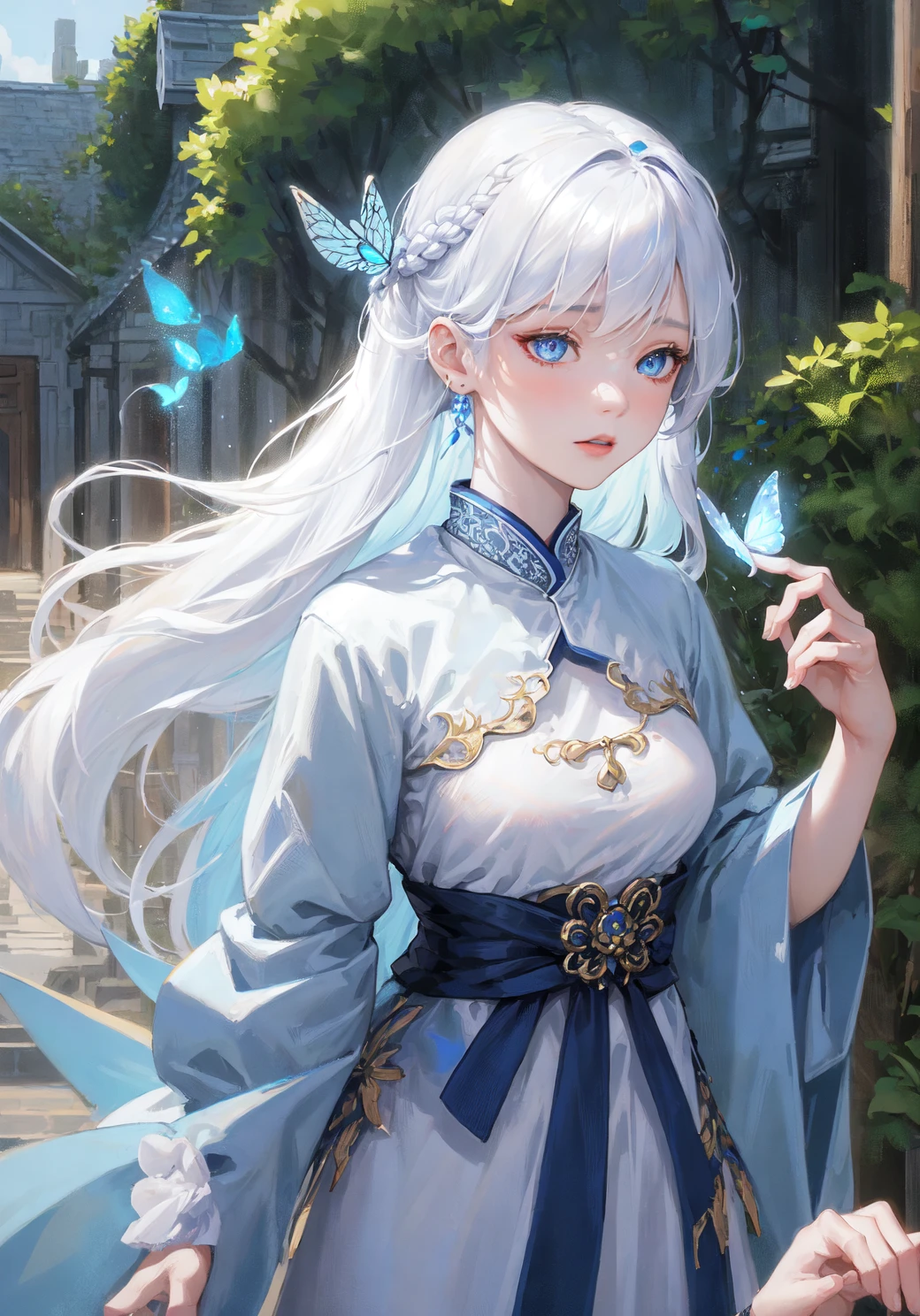 blue ru_qun,best_quality,head,original_outfit,hanfu,clear details,masterpiece, best_quality, clear details,1girl,garden background,, butterfly on finger,blue eyes,white hair,long hair,big eyes