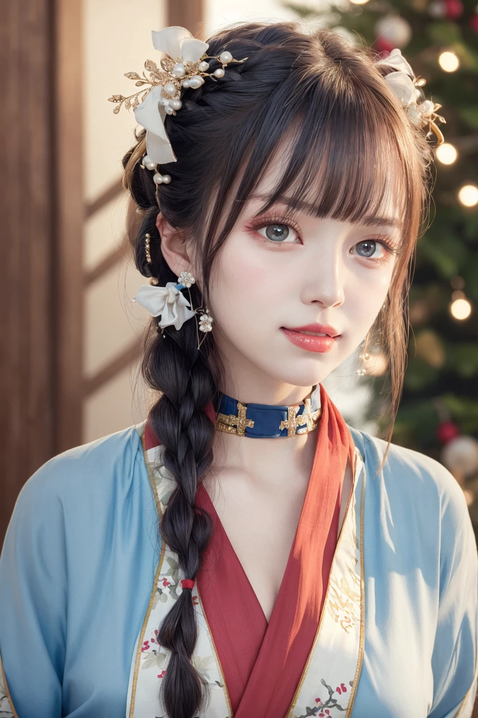 ((wide shot)),(full body),

1girl, [(blue ru_qun:1.4):(hanfu:1.4):0.2],(big breasts under wearing),(kpop idol:0.2),pearl skin,real human skin, black choker, red hair ornament,white detailed clothes, (blue obi:1.4),

(extremly berutiful detailed face), happy mood, detailed eyes, thick eyebrows, red eyeshadow,shiny eyes, looking at viewer,smile,(smooth chin:0.85), long hair, blunt bangs, braid, golden hair ornament,