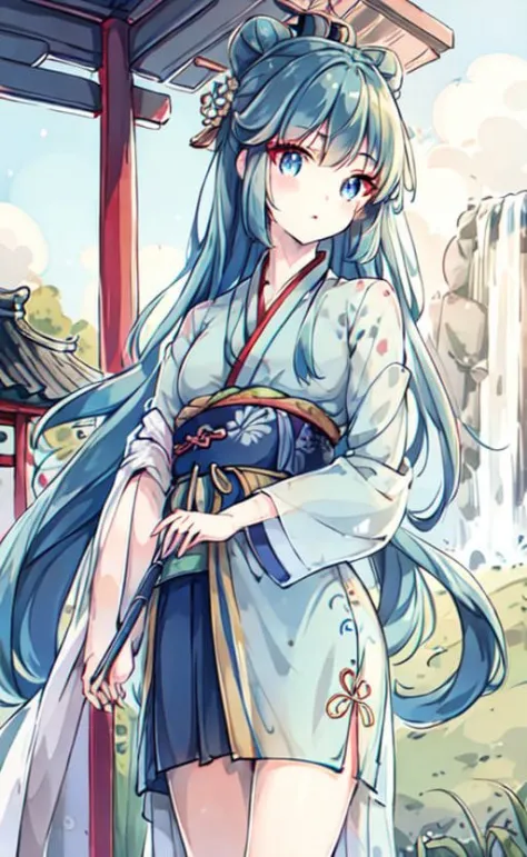 ru_qun,  hanfu, 1girl, blue eyes, glowing eyes, cute face, detailed eyes,  green hair, very long hair, (cowboy shot:1.2), wide-eyed,  standing on one leg, original_outfit, (hanfu), clear details,masterpiece, best_quality, clear details,  kawaii, ancient chinese,  waterfall, outdoors, clear sky, spring, chinese building, after rain,  <lora:elegantHanfuRuqun_v10:0.9>,   <lora:Moxin_1010:0.4>,  <lora:Moxin_Shukezouma:0.4>