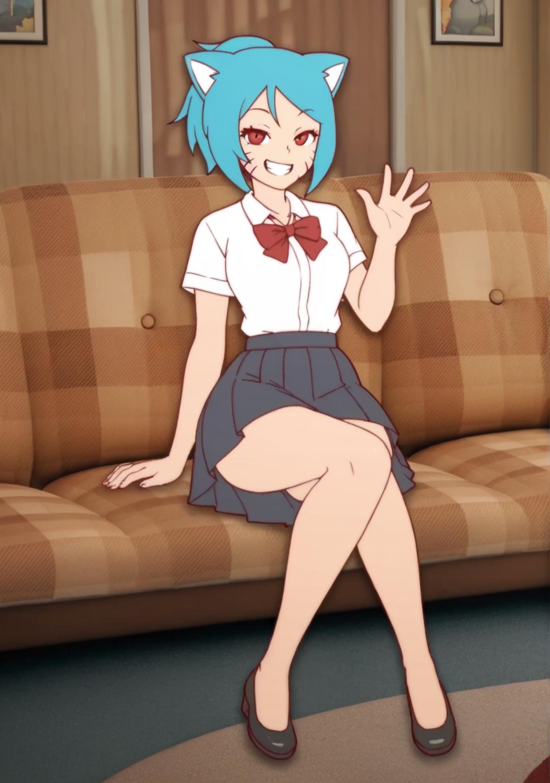 Anime girl sitting on a couch with her legs crossed - SeaArt AI