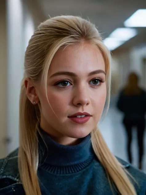 cinematic film still ,<lora:jg4rth-000010:0.8>,jg4rthxl,blonde,standing in a college hallway,ponytail,turtleneck,jacket,Thorough...