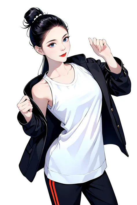 masterpiece, best quality, ((pure white background)), standing, black hair bun,cold face, full body, jacket, T-shirt, pants, (Fa...
