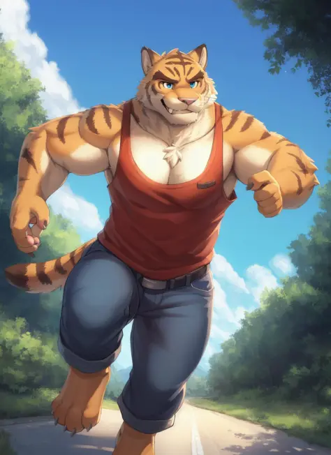 <lora:tora-06:0.9>, torahiko, solo, smile, male focus, thighs, pants, feet out of frame, fangs, thick thighs, tank top, denim, pectoral cleavage, sidepec, by zackarry911, by zaush, (by personalami:0.5), male, zootopia style, detailed face, detailed eyes, b...