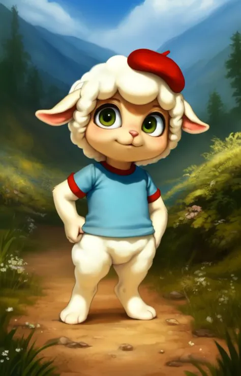 a cartoon sheep with a red hat and blue shirt standing on a dirt road