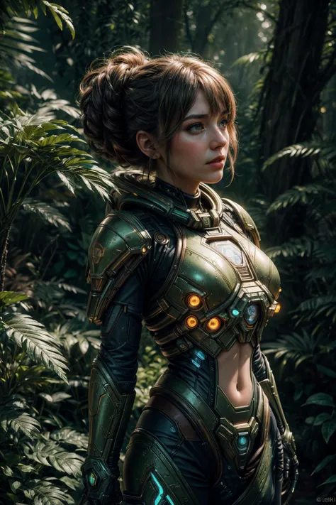 a woman in a futuristic suit standing in the woods