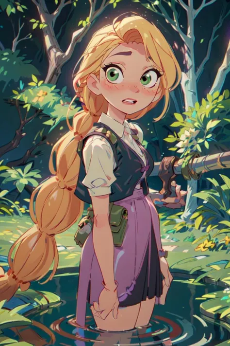 (rapunzel:1), tangled,  (standing in water:1.2), (adventure outfit:1.5), (white blouse, black vest with dark purple stitching, d...