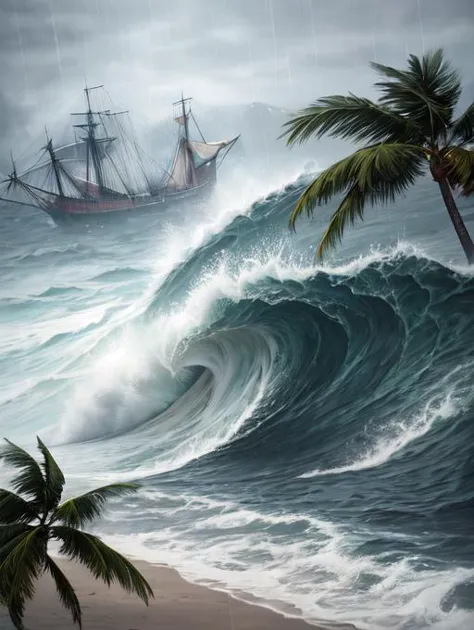 painting of a ship in a stormy ocean with palm trees