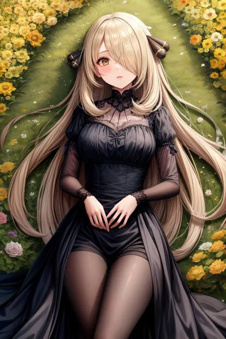 solo, 1girl, mature, cynthia, blonde hair, long hair, hair over one eye, hair ornament, very long hair, large breasts, wavy hair, yellow eyes, tight black dress, lying in a flower field, blushing, seductive, spring flowers, flat colors, expressiveH, masterpiece, best quality, high quality, absurdres, UHD, medium-distance shot, female focus, <lora:Expressive_H:1>, <lora:naughty_to_nice_v3:2>, <lora:add_detail:1>, <lora:cynthia:1>