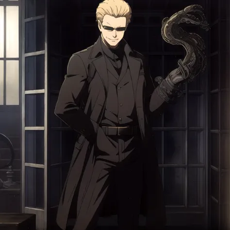 (Albert Wesker:1.4), highly detailed, highres, extremely detailed, detailed background, perfect eyes, perfect face, high quality, detailed face, anime, best quality, masterpiece, 4k, 8k, absurd resolution, cinematic lights, intricate detail, detailed hands, detailed eyes, animation, illustration, (blonde hair:1.4), (1man), mature male, looking at viewer, shades, sunglasses, 1boy, black shirt, black trench coat, high definition, sharp focus, <lora:neg4all_bdsqlsz_V3.5:1>, OverallDetail, deep shadow, dimly lit, shade, animification, <lora:dreamlookai_lora_db_bb89d853_ckp_9966b693_step_3000_Wesker:0.7> wesker, <lora:Hiroyuki Kitazume:0.4>, <lora:beard_slider_v10:-3>, <lora:gender_slider_v1:-4>, slick back hair, <lora:AlbertWeskerRE:0.5> AlbertWeskerRE, <lora:neg_bdsqlsz_V2:1>, <lora:hyperdenoiser_v090:0.6>, <lora:hyperrefiner_v090:0.6>, <lora:REAlbertWesker:0.6> REAlbertWesker, (smirk:1.3), (blacktentacles arising from left hand), (right hand on back)