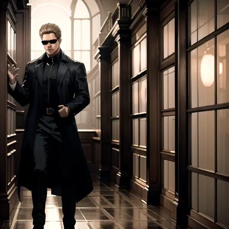 arafed image of a man in a black coat and sunglasses holding a gun