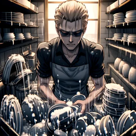 anime character in a kitchen with dishes in a dishwasher