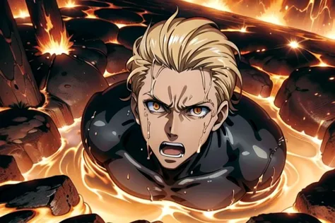 a man in a black suit with blonde hair and blue eyes in a fire pit