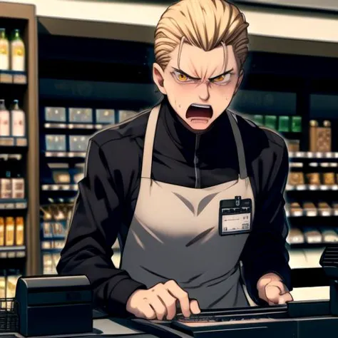 anime character in a supermarket with a surprised look on his face