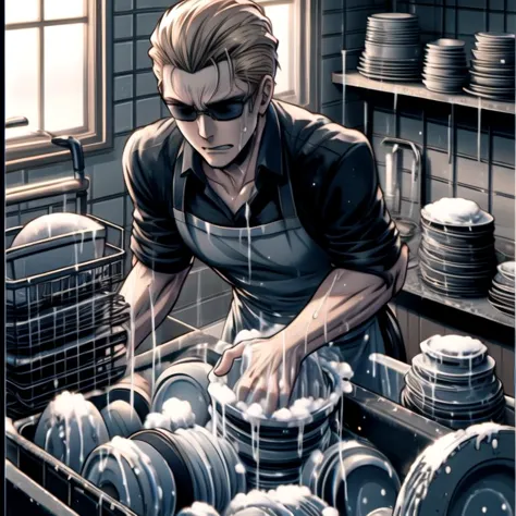 anime character washing dishes in a kitchen with a lot of dishes