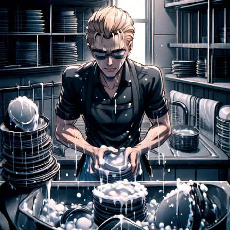 anime guy washing dishes in a kitchen with a lot of water