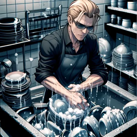 anime character washing dishes in a kitchen with a lot of dishes