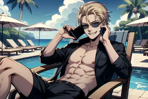 ((top quality, 8k wallpaper)),(masterpiece, best quality),extremely detailed,high definition,(official art:1.3),(((anime screencap,black outline))),<lora:more_details:0.3>, 1man, BREAK  slick back hair, sunglasses, 1boy, bare chest, muscular, (blonde hair:1.4),<lora:REAlbertWesker:1> REAlbertWesker, Hawaiian shorts, BREAK <lora:creditResort:0.4>,solo focus,architecture,poolside,palm tree,building,beach,luxury,(((phone,sitting,reclining,chair,laughing,evil eyes,evil grin,talking on phone))),