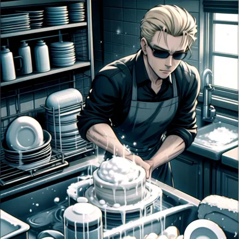 anime man in kitchen preparing a cake with a lot of dishes