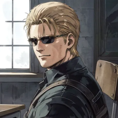 ((Albert Wesker)), high quality, upper body, detailed face, zoom out, anime, best quality, highres, masterpiece, perfect eyes, perfect face, whole body, 4k, 8k, absurd resolution, cinematic lights, intricate detail, detailed hands, detailed eyes, animation, illustration, back combed hair, ((blonde hair)), combed back, hair back, short hair, comb back hair, (man), back comb haircut, mature male, looking at viewer, shades, sunglasses, 1boy, high definition, sharp focus, OverallDetail, deep shadow, dimly lit, shade, semirealistic, scenery, light rays, depth of field, edgQuality, Illust-InstaFilter, <lora:beard_slider_v10:-3>, <lora:gender_slider_v1:-4>, Best_QualityPos, Earth-QualityPos, BodyPositive, prettify hotify, slick back hair,  <lora:AlbertWeskerRE:0.7> AlbertWeskerRE, male focus, leather, glowing eyes, red eyes, male focus, evil smile, <lora:Hiroyuki Kitazume:0.5>, <lora:PovSideClass (1):0.6> PovSideClass, sitting, desk, school desk, school uniform, chair, indoors, classroom, window, long sleeves, school chair