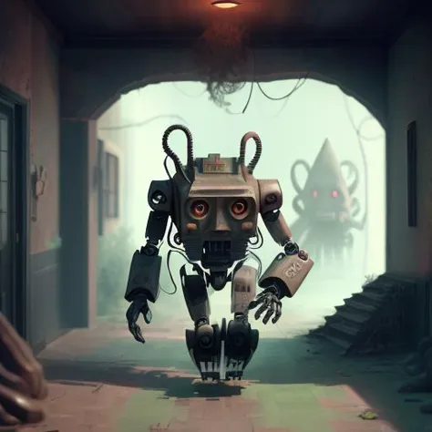 A male robot running, in the style of cthulhut3ch <lora:cthulhuTECHstyleV2:1>