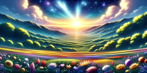 a painting of a beautiful sunset with flowers and mountains