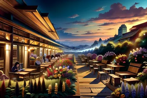 anime scenery of a restaurant with a mountain view at night